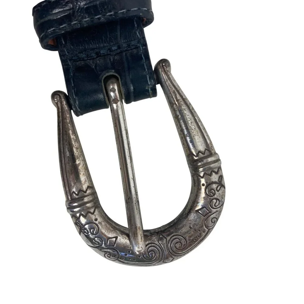Brighton Croc Embossed Blue Leather Belt Womens 28 Silver Tone Western Buckle